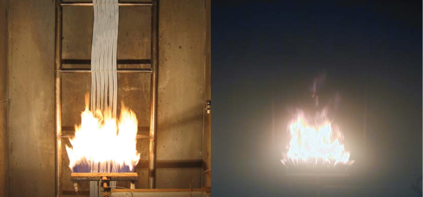 LEFT: Since it’s filled with low smoke, this flame chamber has full visibility. RIGHT: There is zero visibility in this flame chamber because it’s filled with smoke.